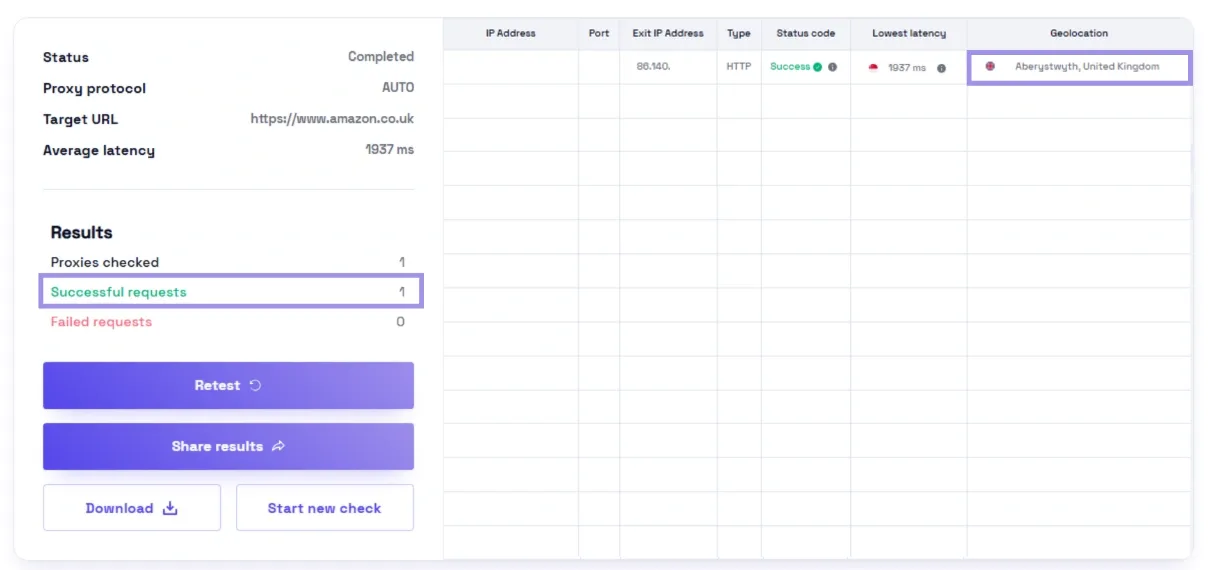 Proxy tester showing successful request and IP location.webp