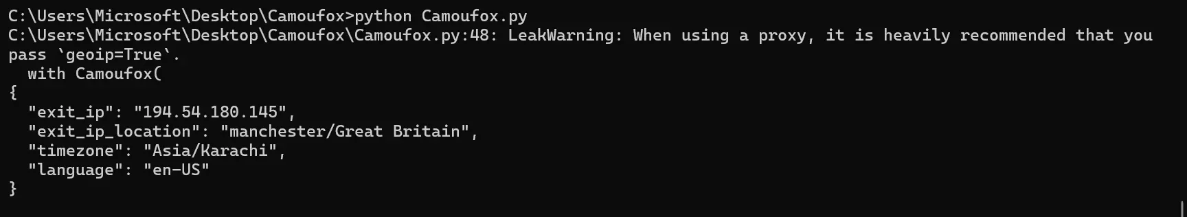 Camoufox proxy integration test outputs detected fingerprints