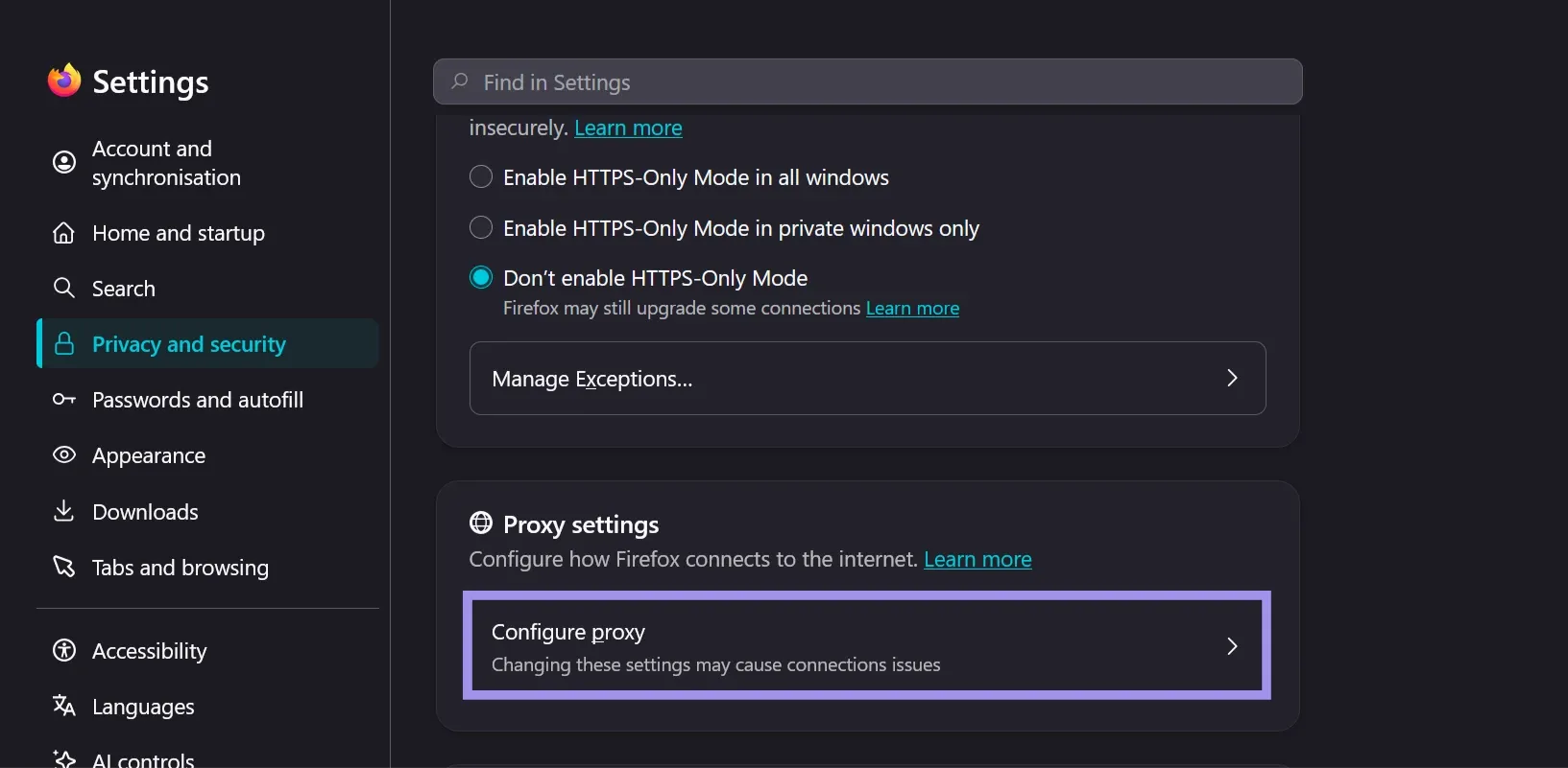 Firefox Privacy and security settings