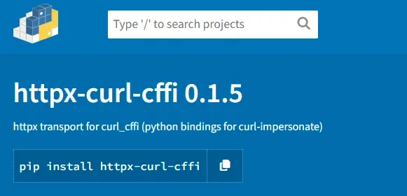 httpx-curl-cffi page on PyPI, version 0.1.5, an httpx transport for curl_cffi, with the pip install command