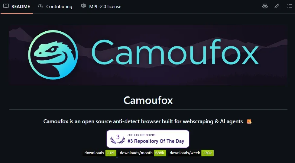 Camoufox GitHub repository README