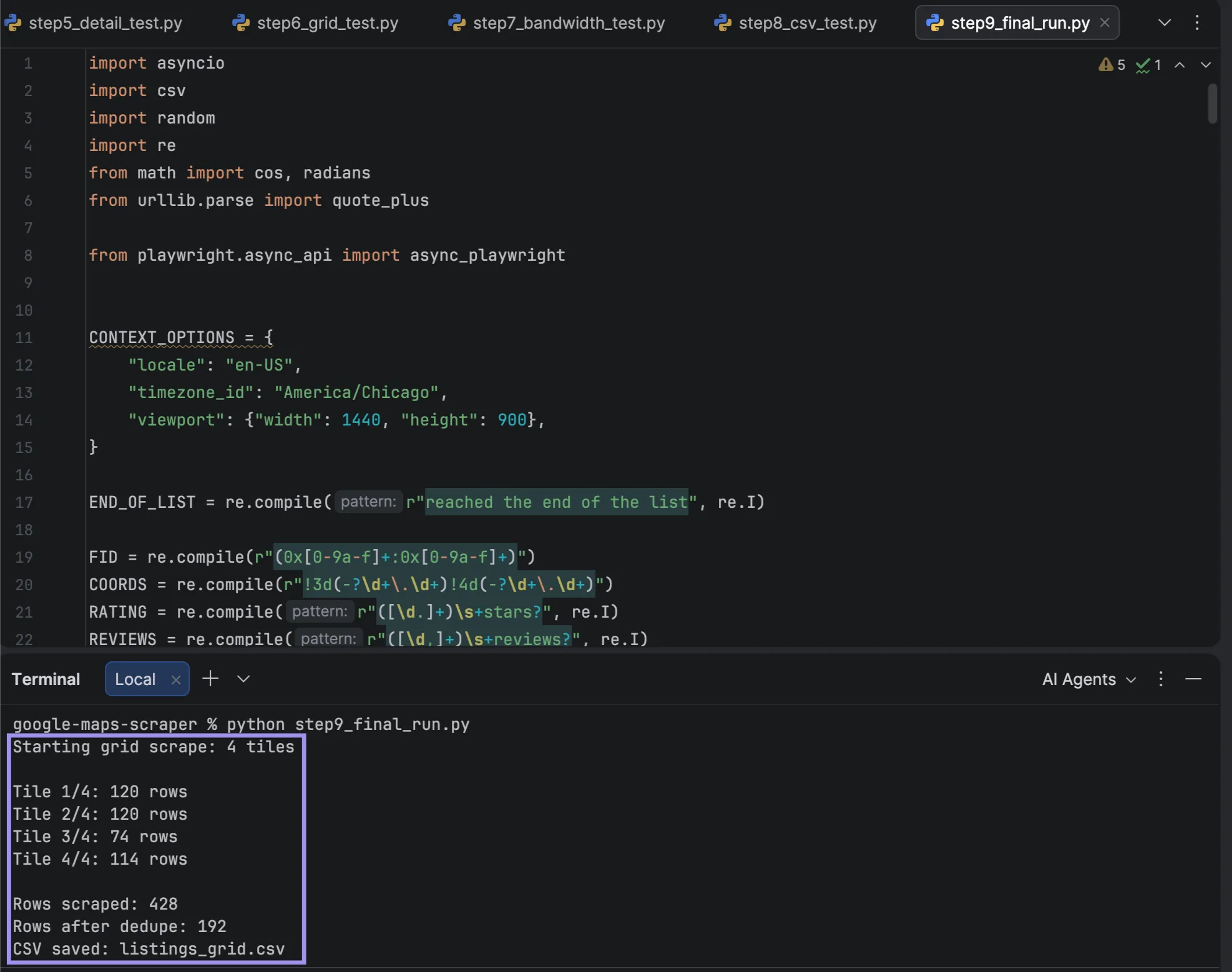 PyCharm showing a four-tile Google Maps scrape with 428 rows reduced to 192 after deduplication and saved as CSV