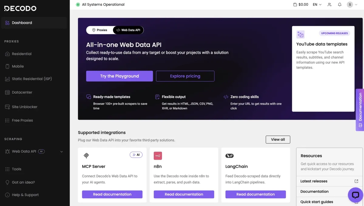 Decodo dashboard showing the Web Data API page and supported integrations such as MCP Server, n8n, and LangChain
