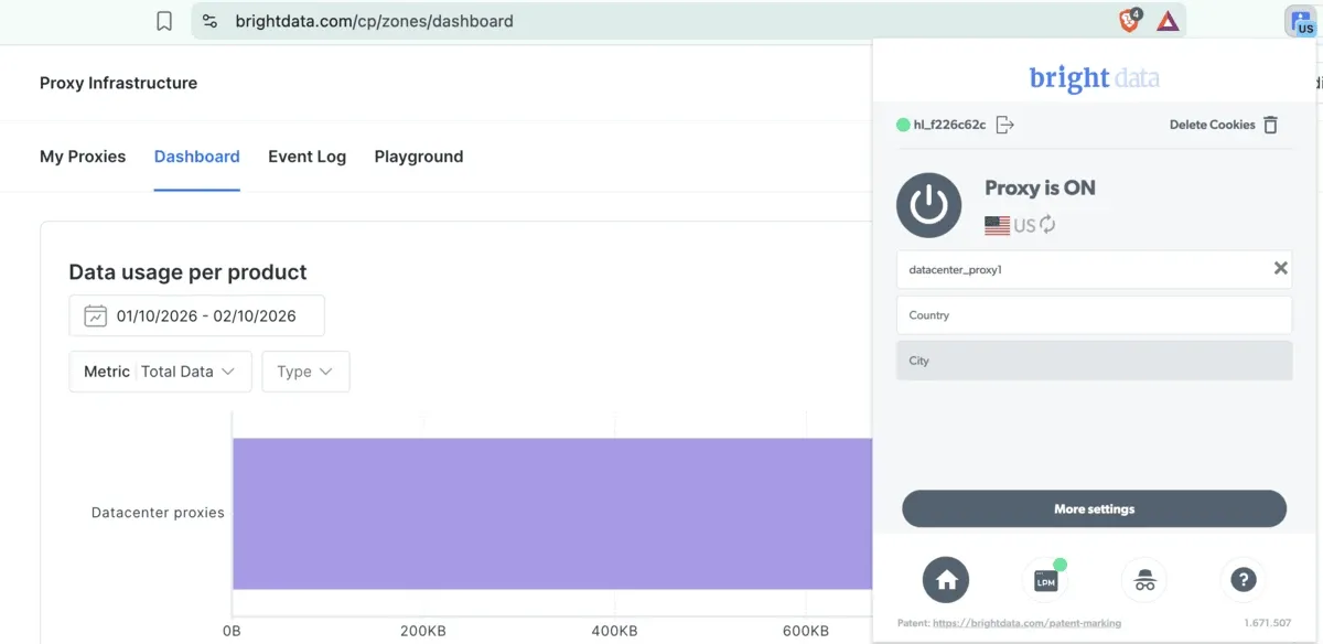 Bright Data dashboard alongside the browser extension with the proxy toggled on