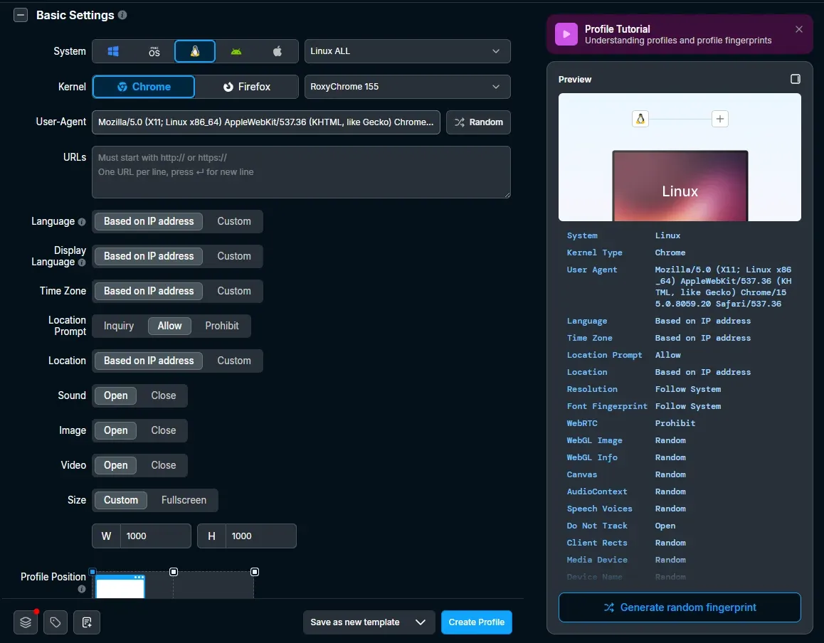 Basic settings for RoxyBrowser profile
