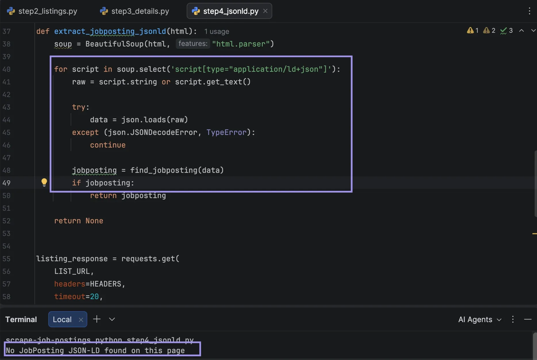 PyCharm showing no JobPosting JSON-LD found on a Python.org job page