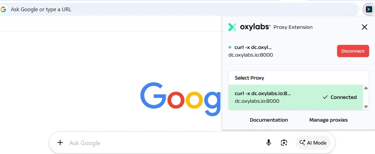 Oxylabs proxy extension popup showing a connected proxy and the proxy selection list
