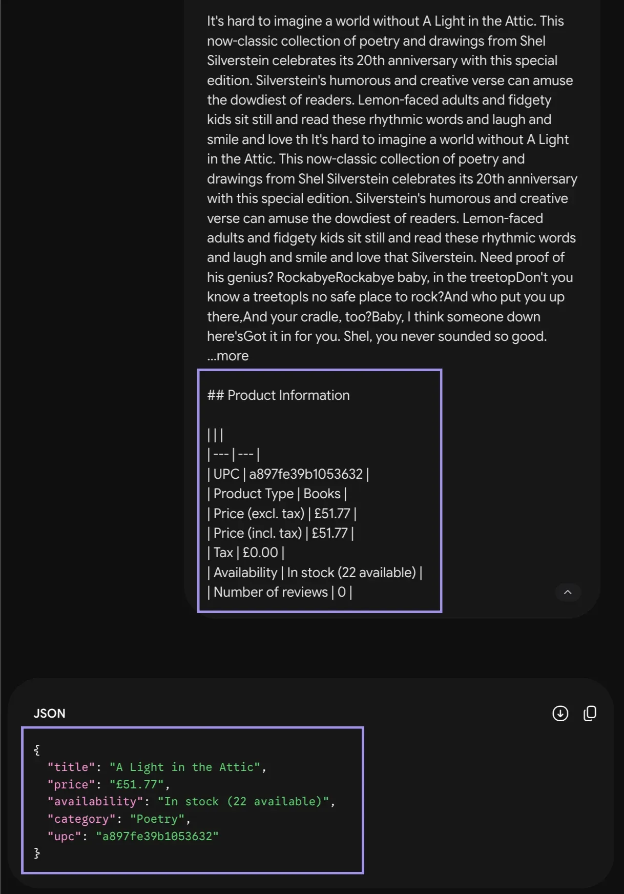 Gemini response showing extracted book data as JSON