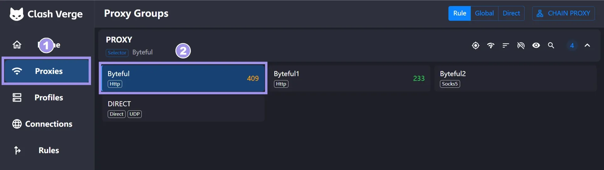 Select proxy node from Clash Verge Rev Proxies tab