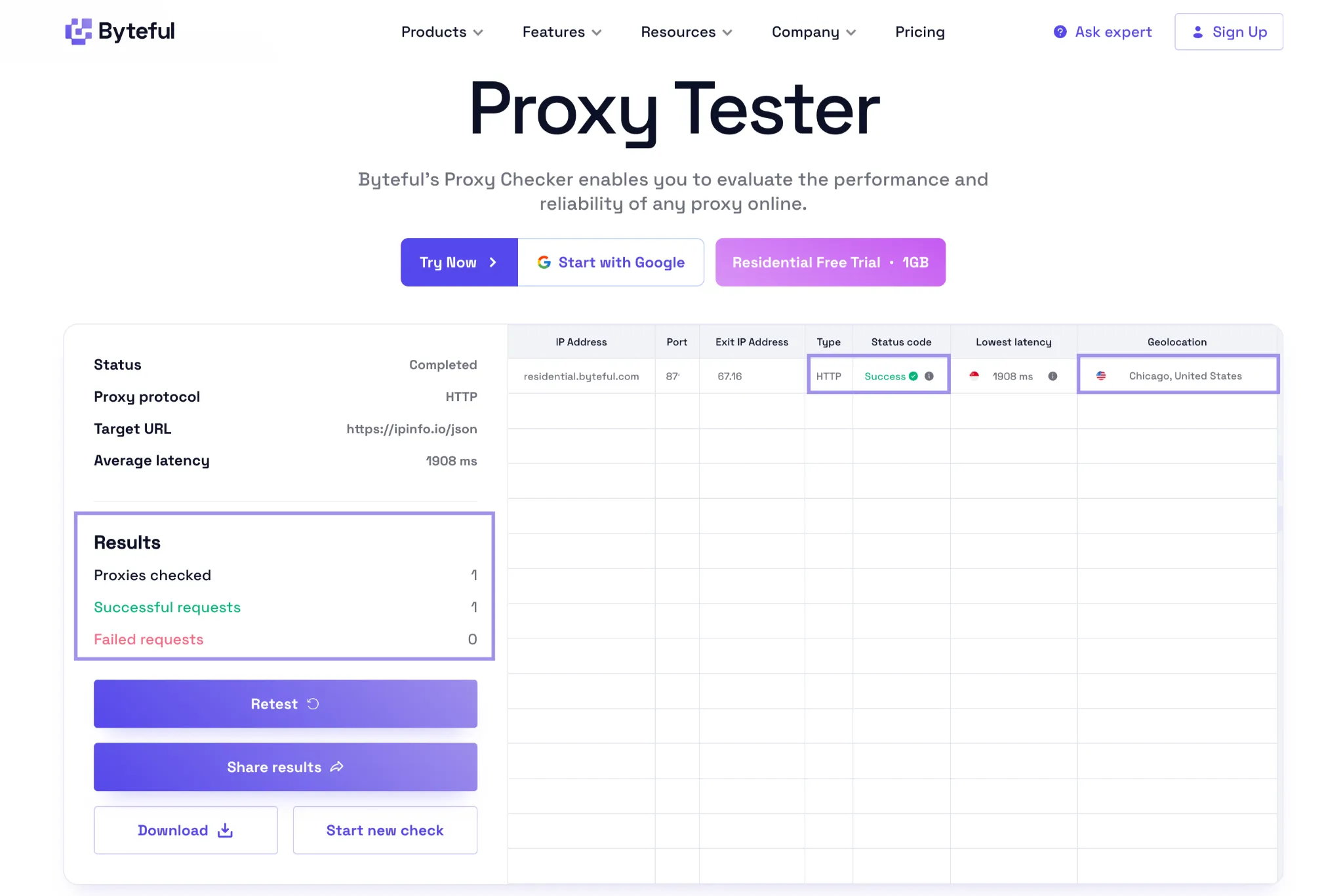 Byteful Proxy Tester showing a successful residential proxy connection with Chicago, United States geolocation