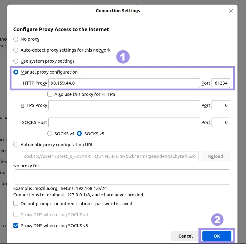 Connection settings dialog in Firefox network settings.webp