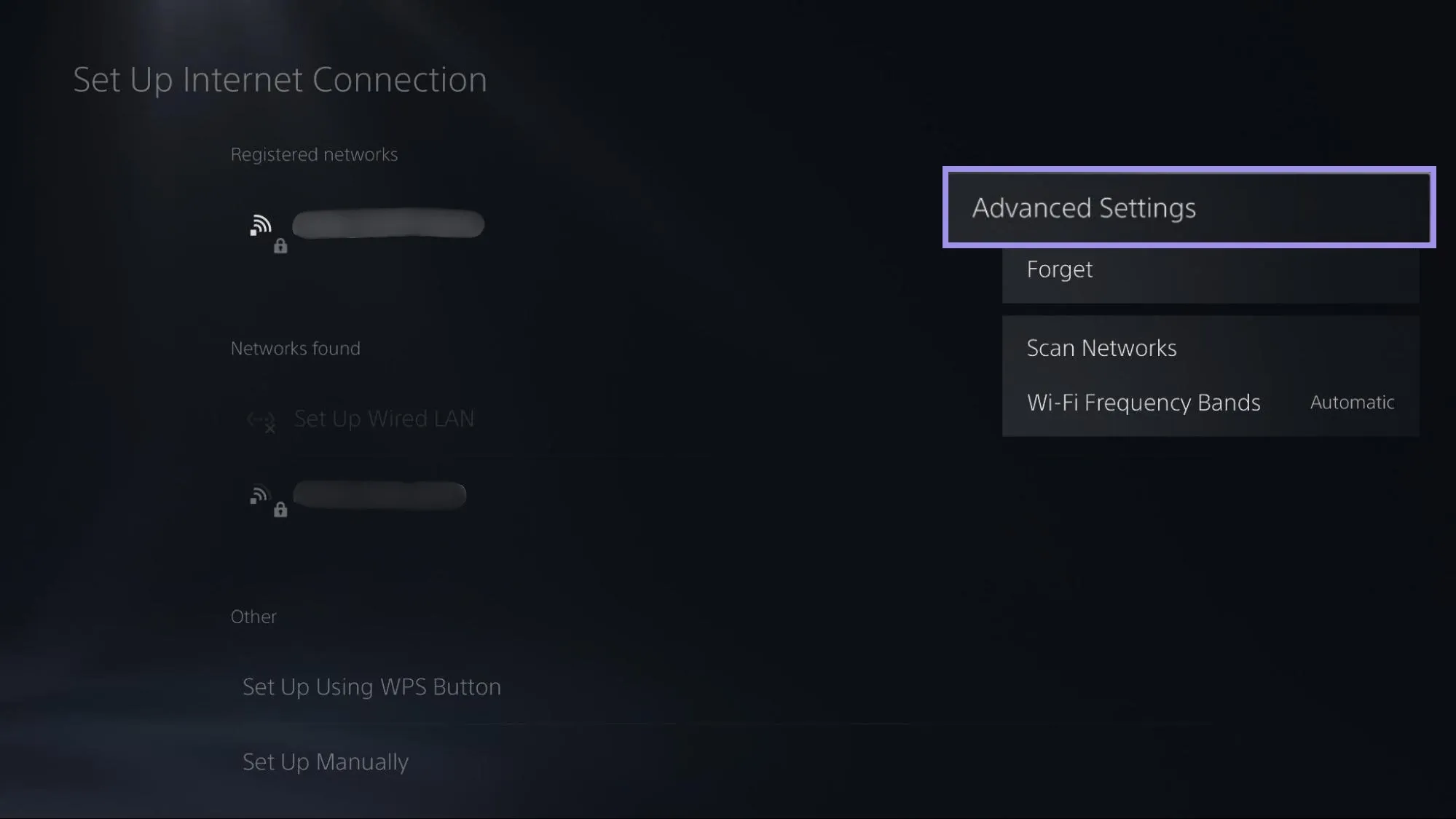 PS5 Set Up Internet Connection screen with Advanced Settings highlighted in the network options menu