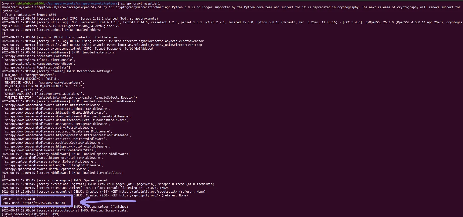 Testing Scrapy proxy integration via spider execution in terminal
