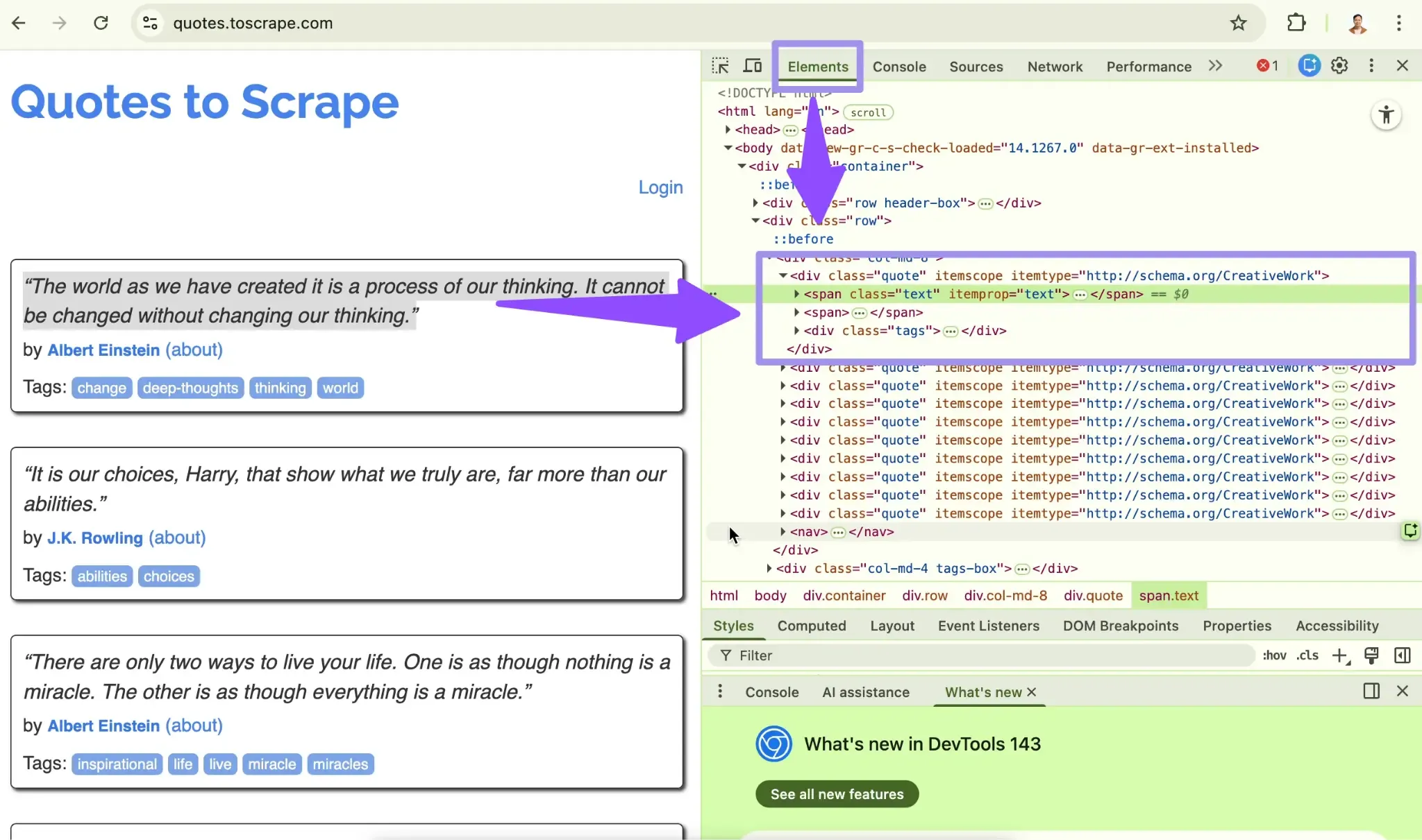 Browser DevTools highlighting quote elements.webp