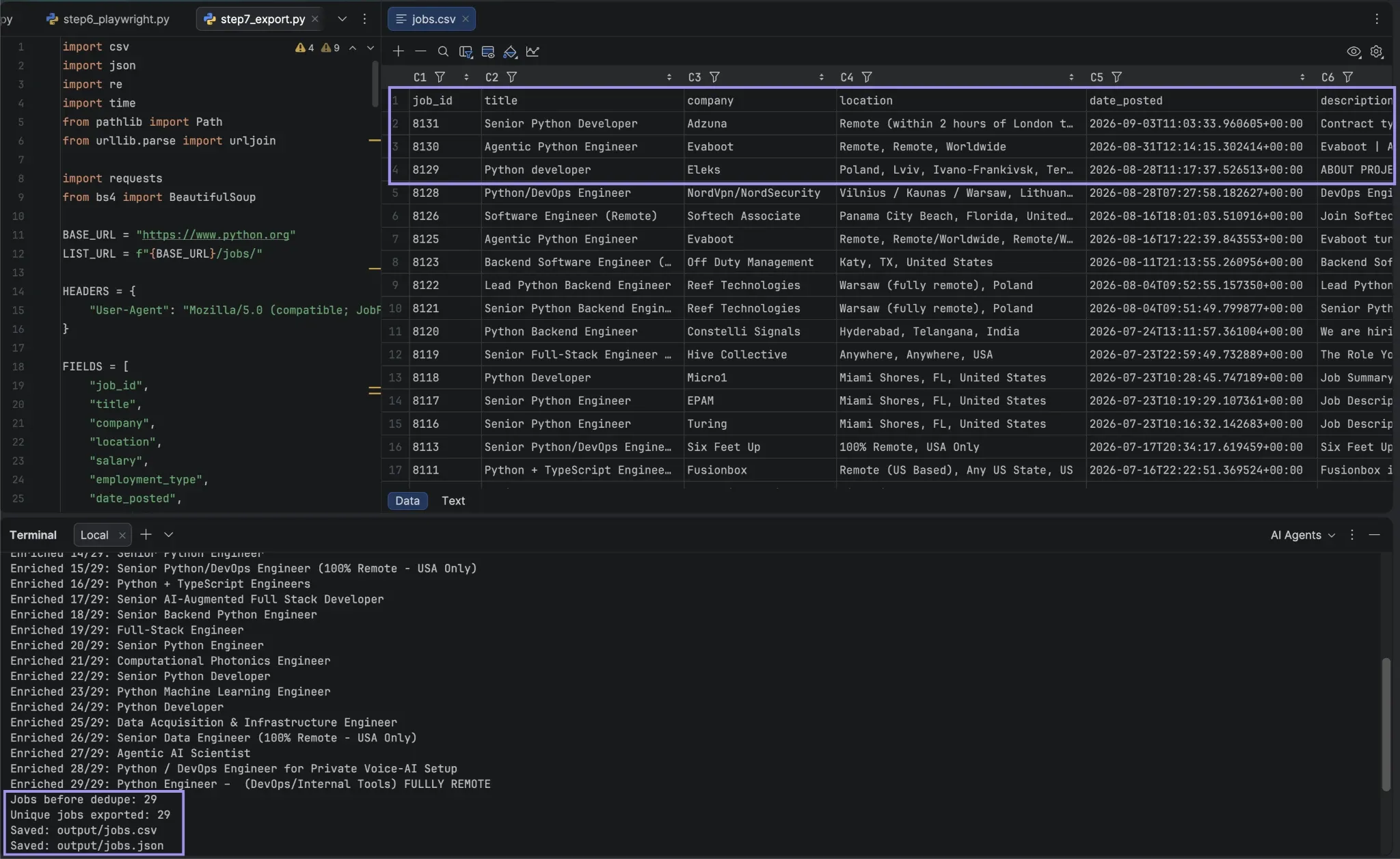 PyCharm showing scraped Python job listings exported to CSV