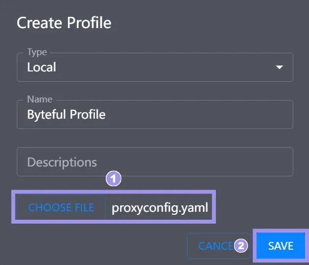 Config file and Save button in Clash Verge Rev create profile dialog box