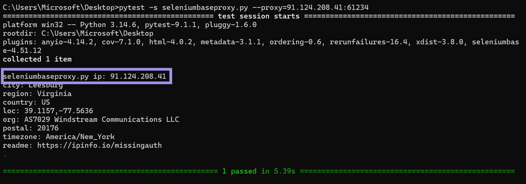 Testing proxy integration on SeleniumBase via BaseClass using Command Prompt