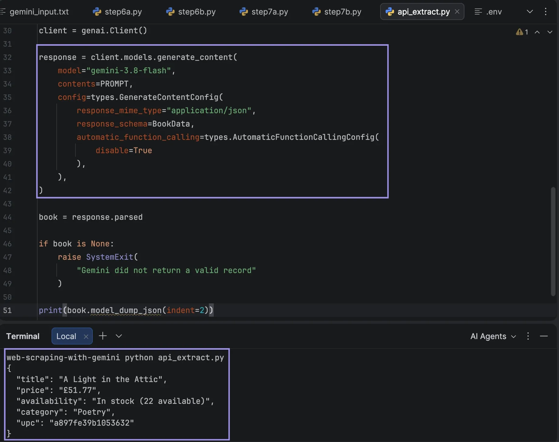 PyCharm showing Gemini API code and a validated book record returned as JSON