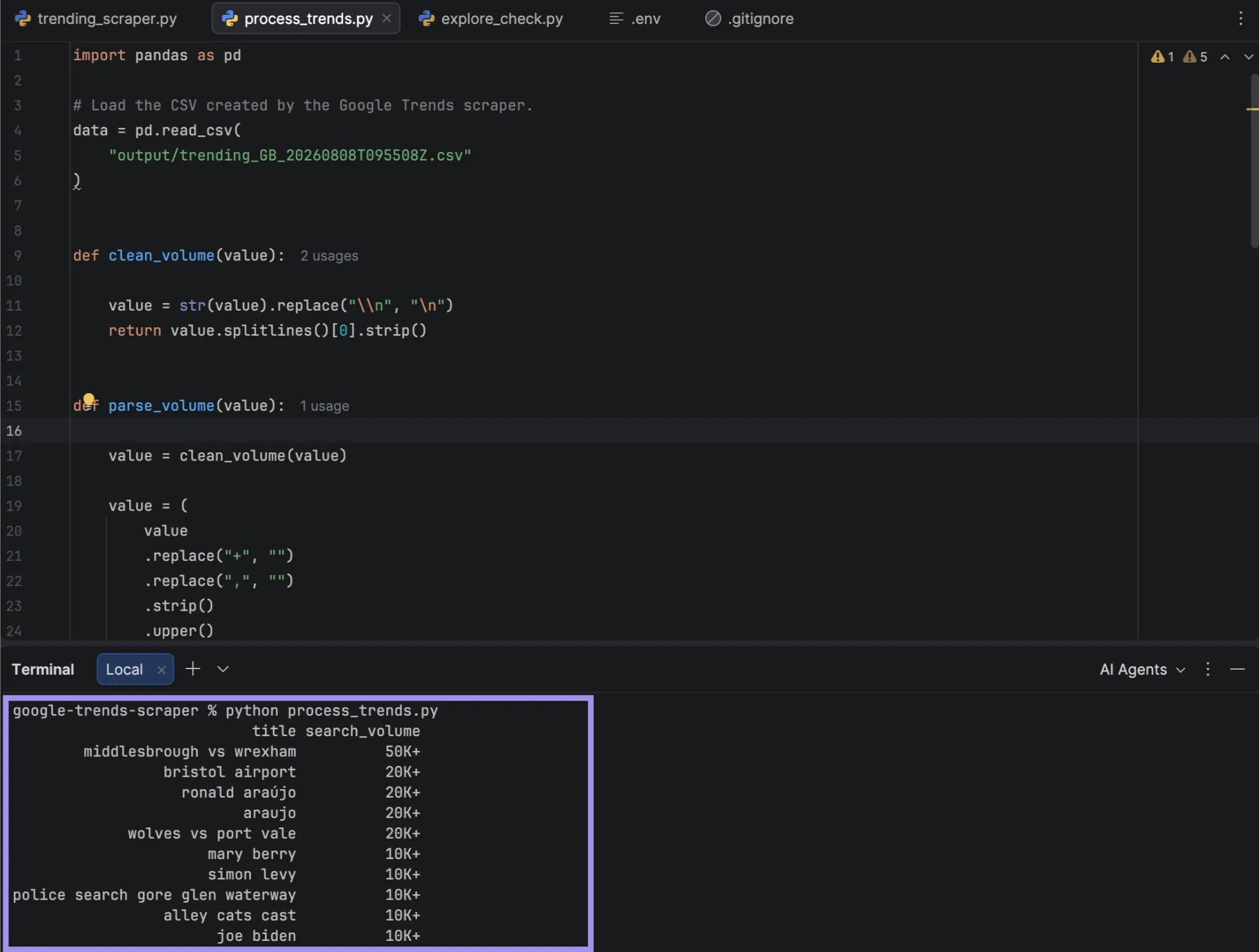 PyCharm showing the top ten Google Trends results sorted by search volume