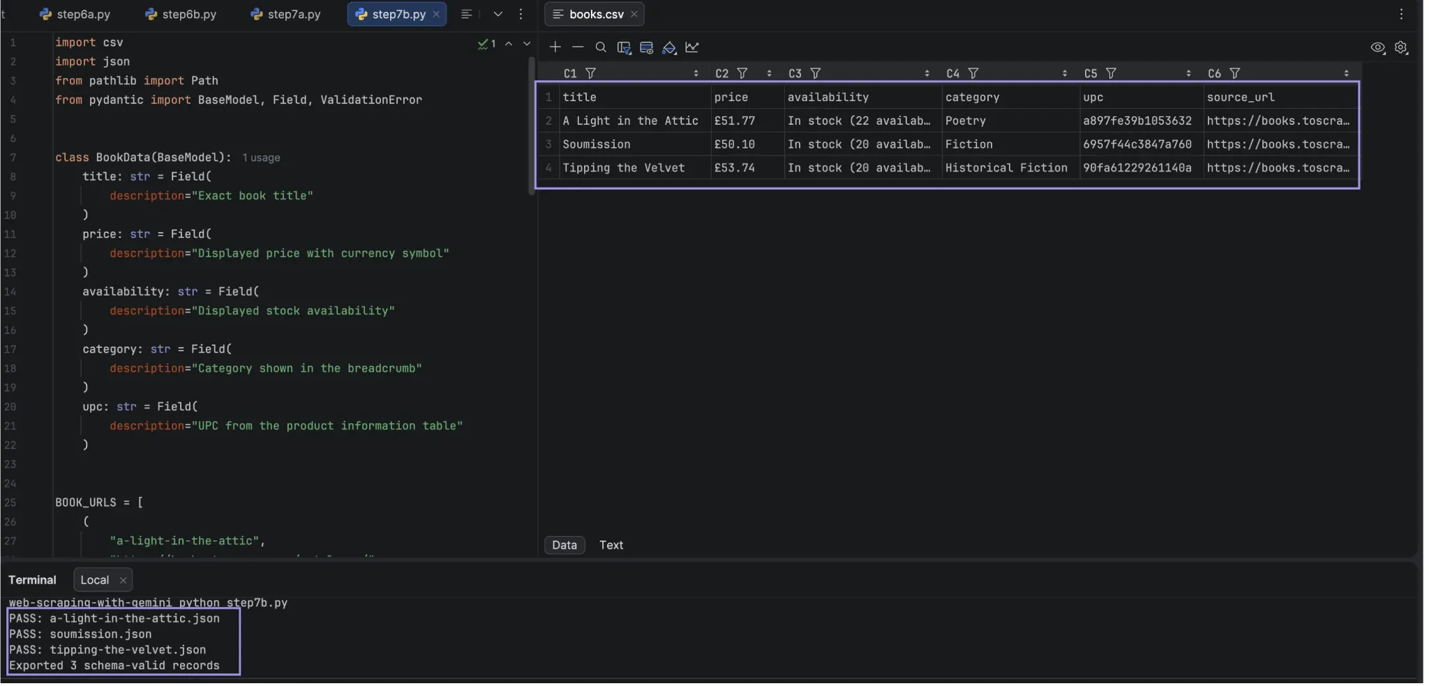 PyCharm showing three book records exported to CSV