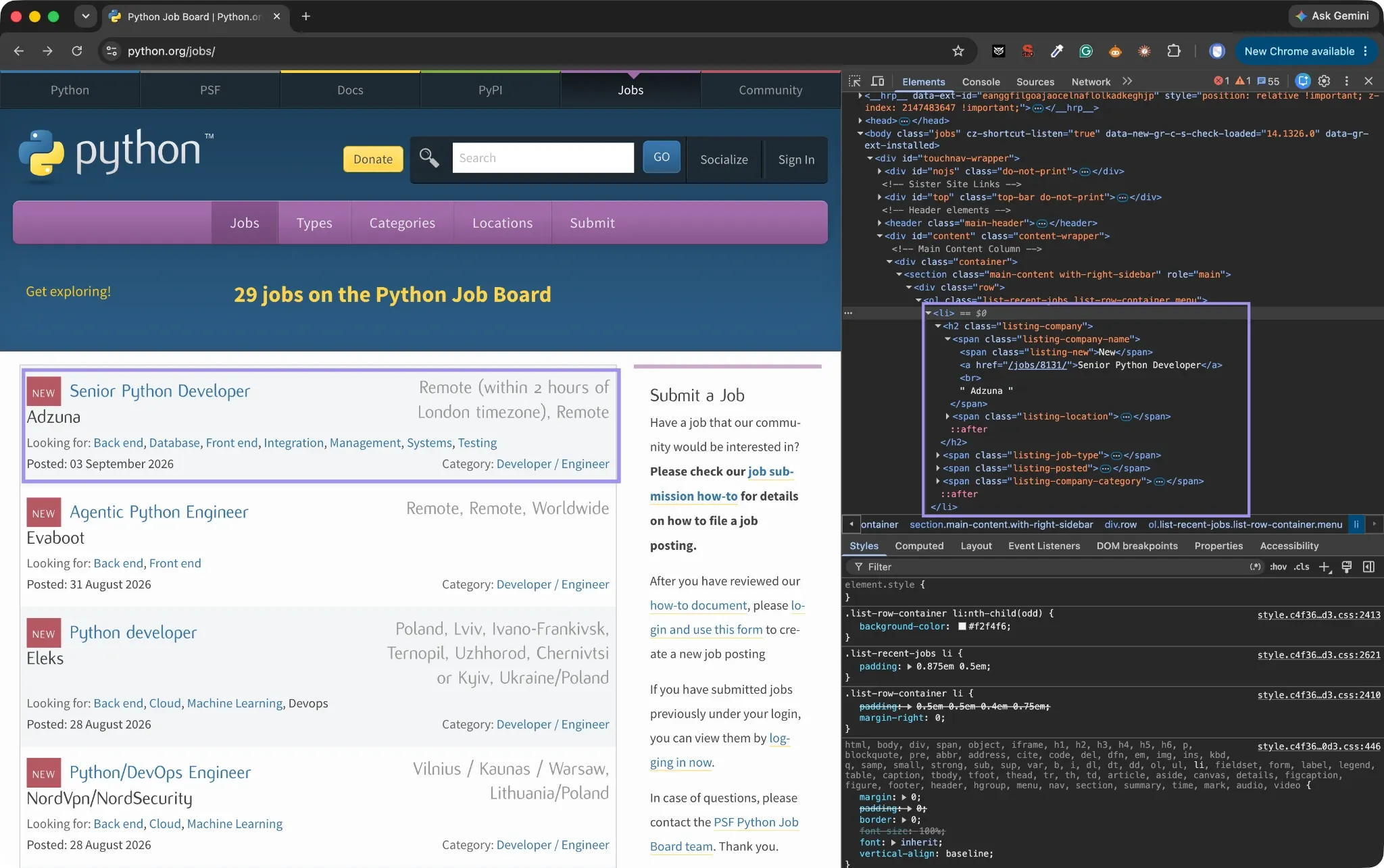 Python.org job listing with DevTools highlighting the listing HTML