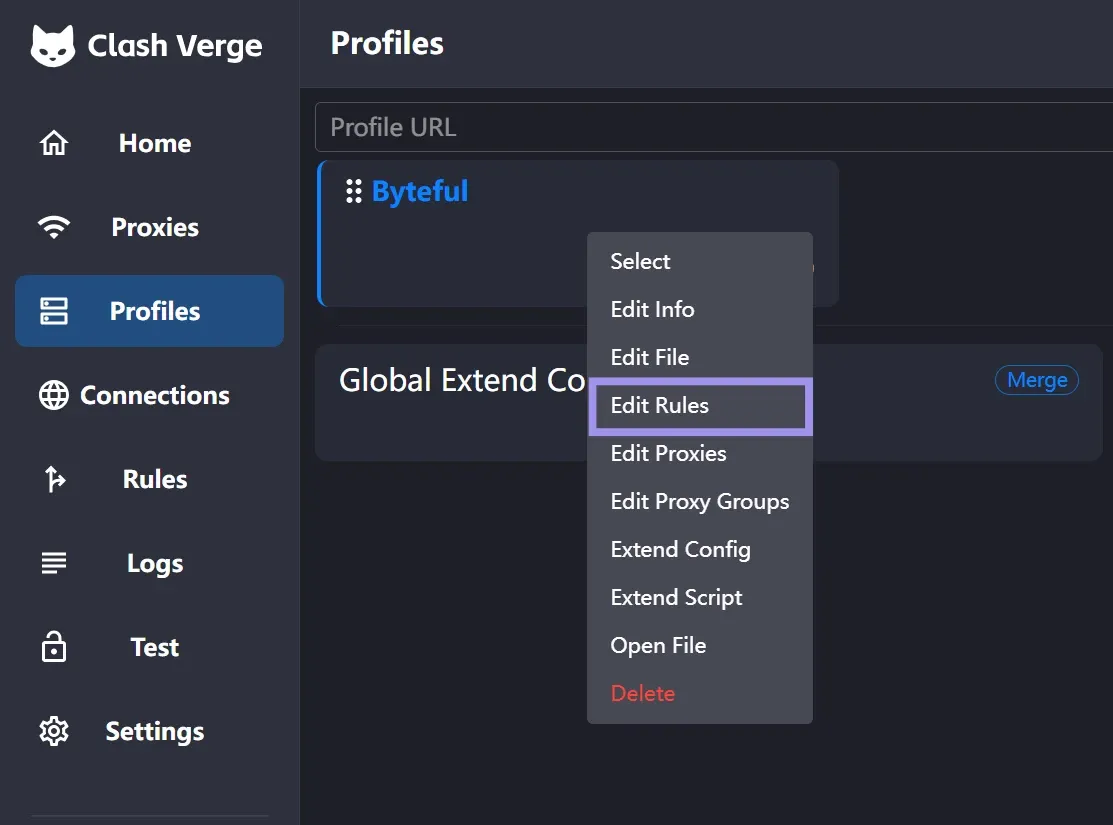 Edit rules for a profile in the Clash Verge Rev Profile tab