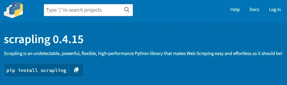 Scrapling page on PyPI, version 0.4.15, an undetectable high-performance scraping library, with the pip install command