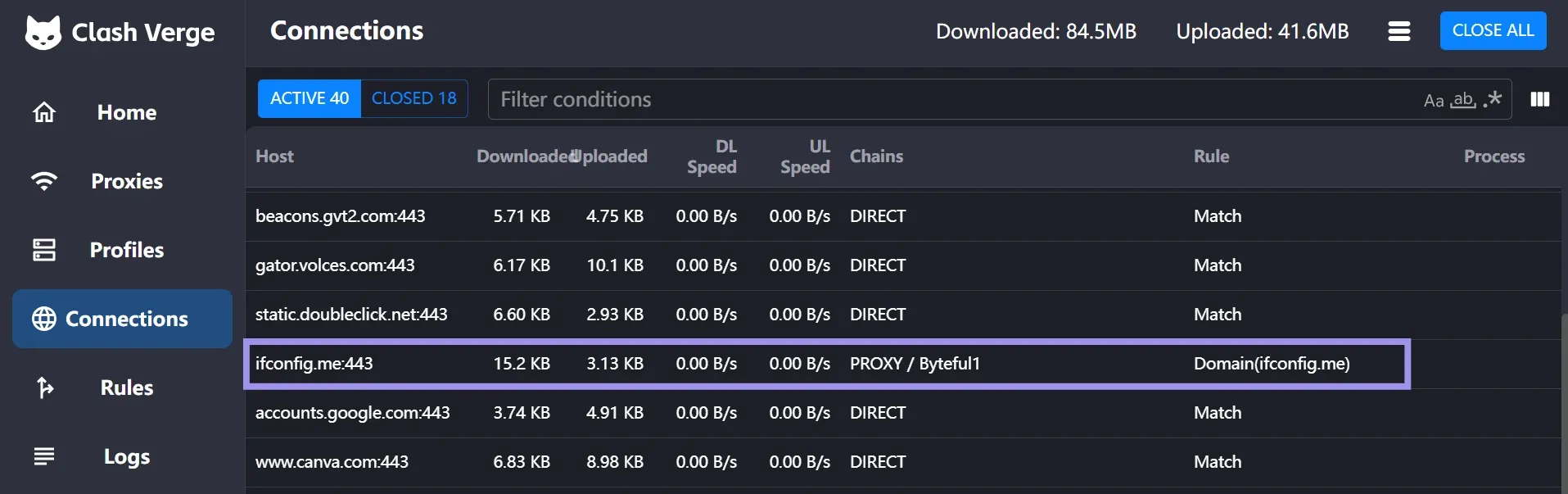 Active connections in Clash Verge Rev Connections tab