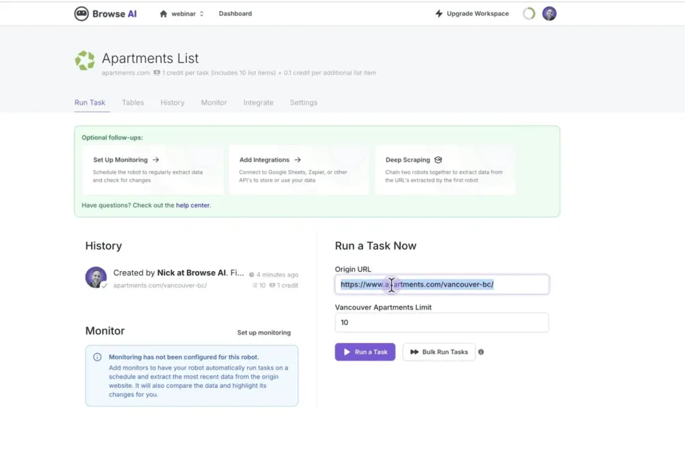 Browse AI dashboard for an Apartments List robot with options to run tasks, set up monitoring, add integrations, and deep-scrape data