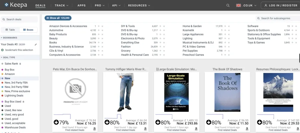 Keepa deals page listing discounted Amazon products across categories with percentage price drops and current prices