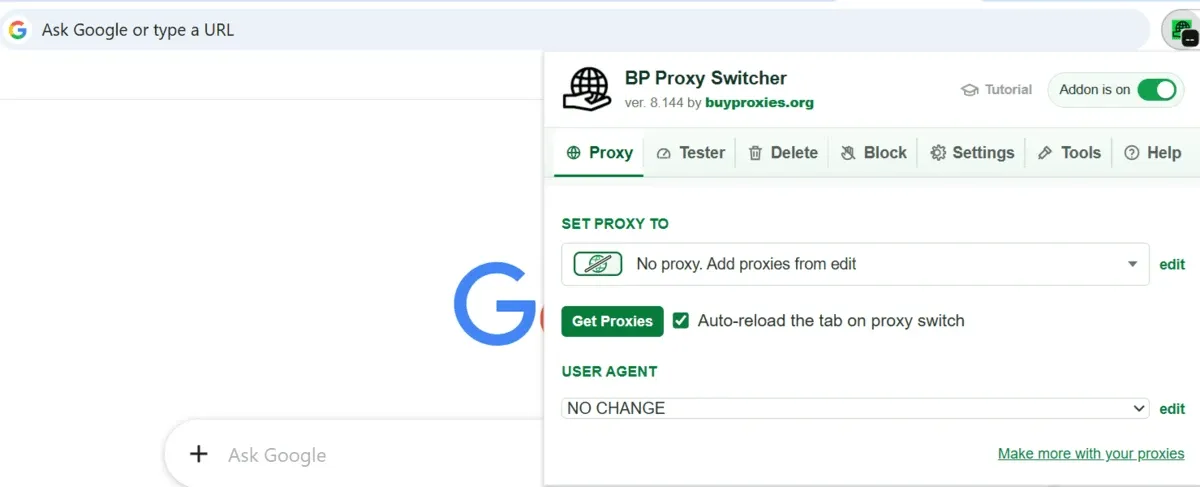 BP Proxy Switcher extension interface for setting a proxy and user agent