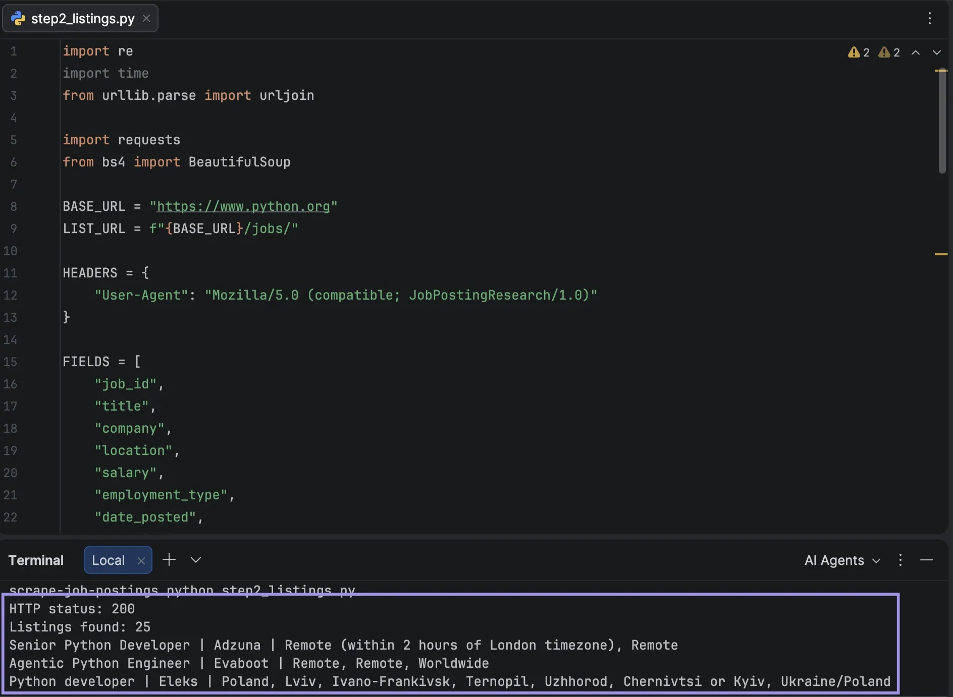 PyCharm terminal showing 25 Python.org job listings found