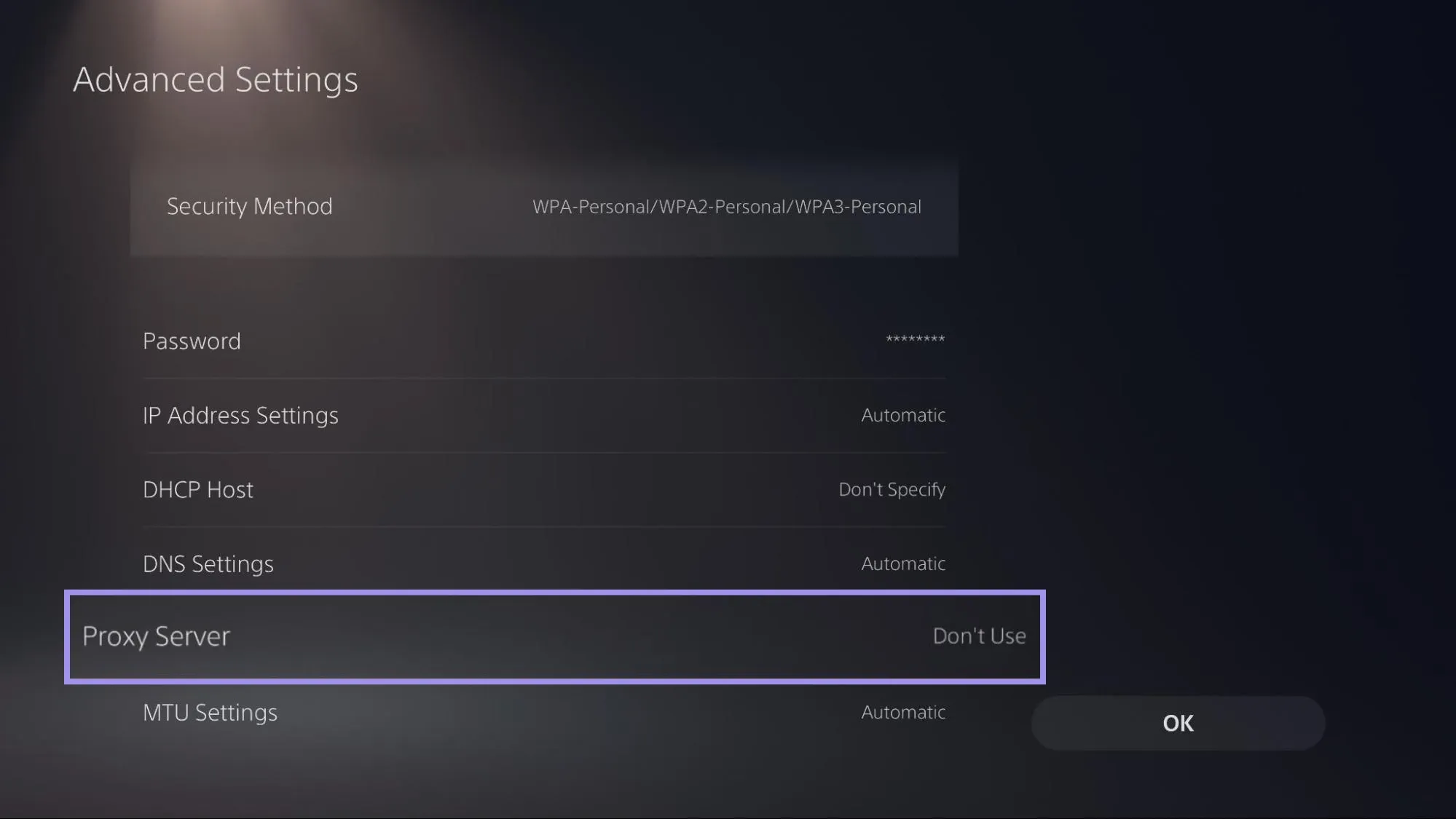 PS5 Advanced Settings with the Proxy Server field set to Don’t Use by default