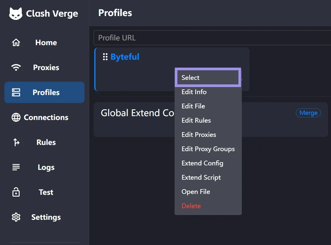 Select profile from Clash Verge Rev profile tab