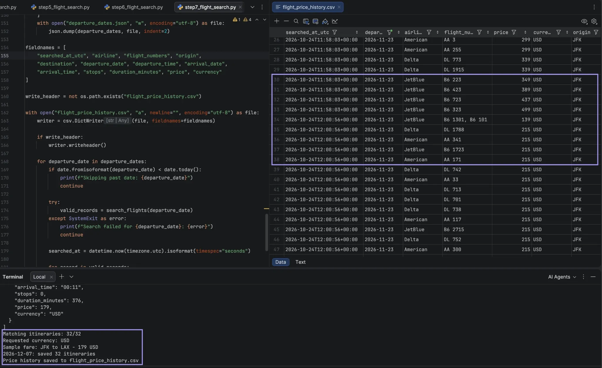 PyCharm showing flight prices and timestamps from two search runs