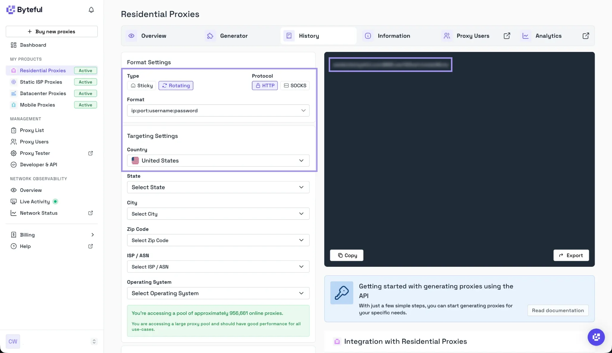 Byteful residential proxy generator with HTTP, rotating sessions, and US targeting