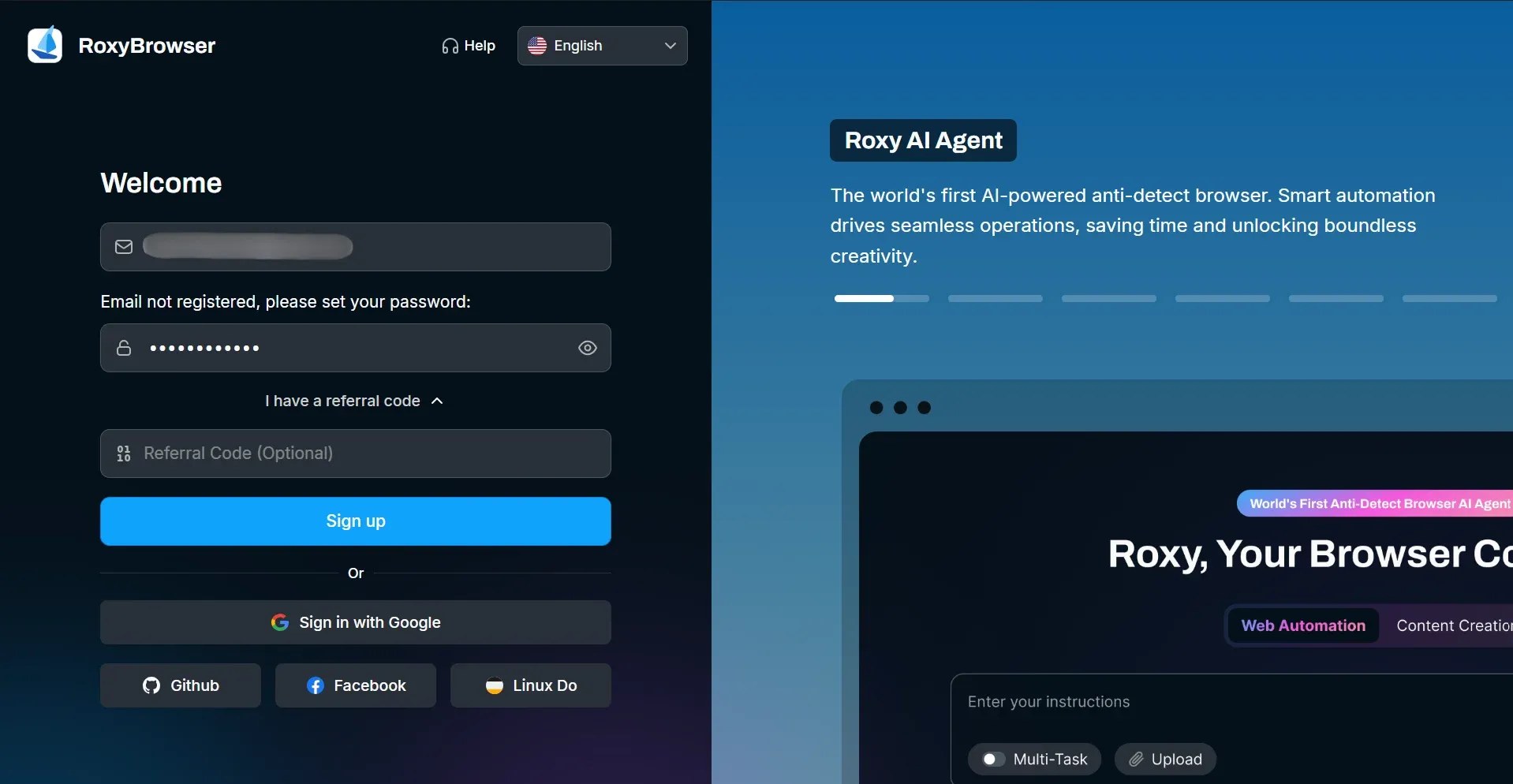 RoxyBrowser Login screen