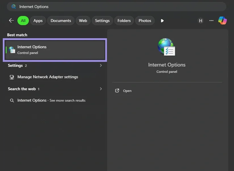 Internet Options in Windows Search.webp