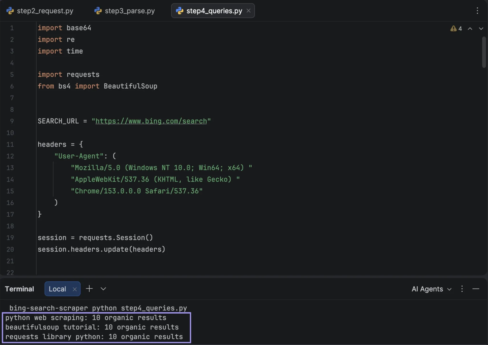 PyCharm terminal showing organic result counts for three Bing queries
