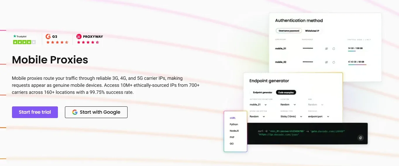 Decodo mobile proxies page with a free trial button, authentication method options, and an endpoint generator