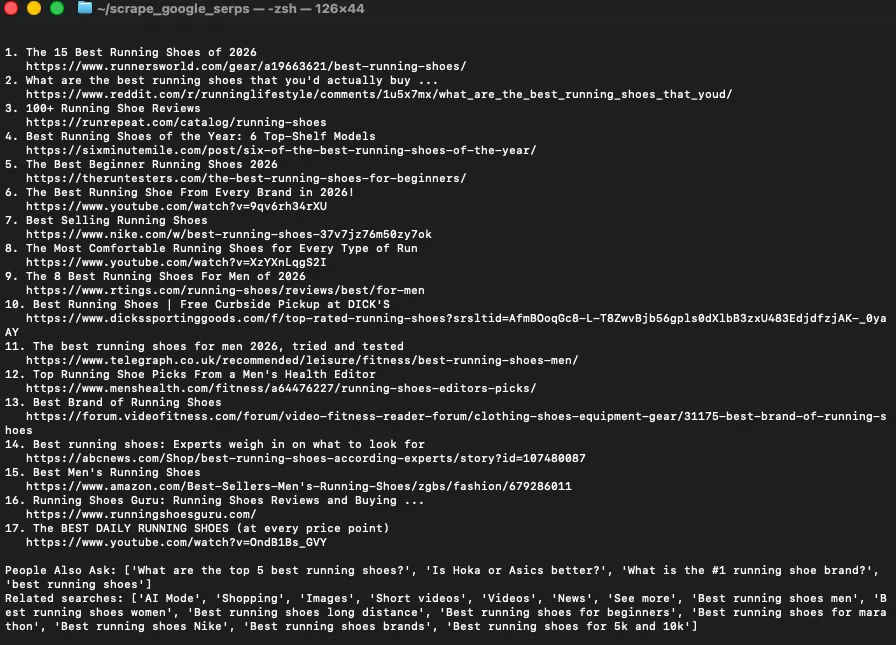 Terminal output listing scraped Google results, People Also Ask, and related searches