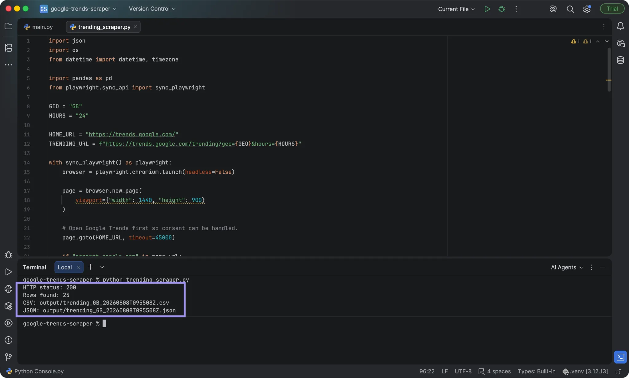 PyCharm showing Google Trends scraper output with 25 rows saved as CSV and JSON