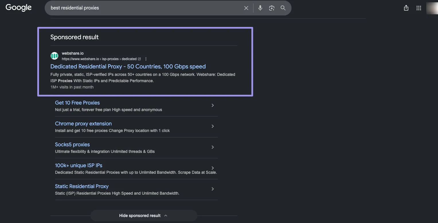 Google SERP with a sponsored ad result highlighted