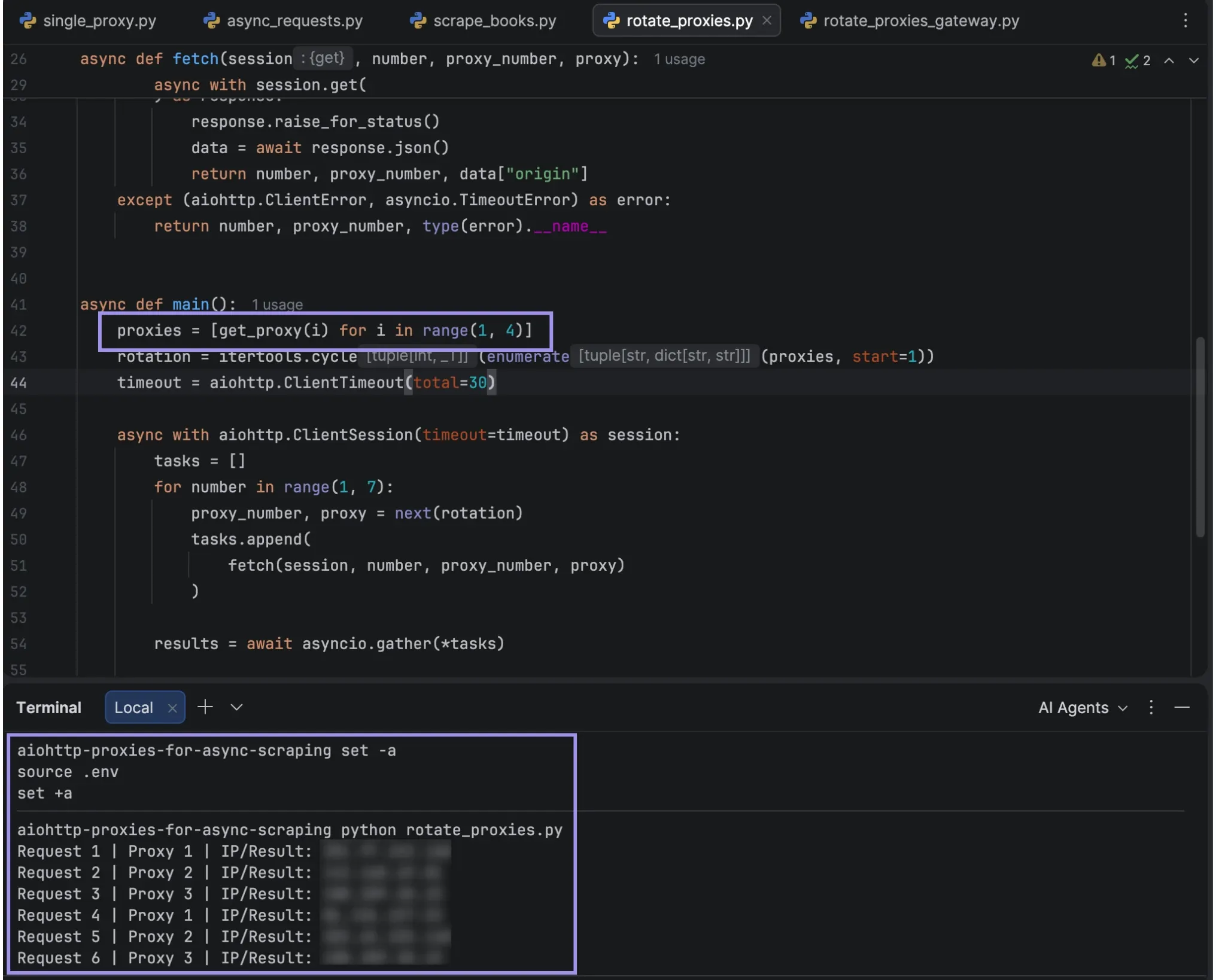 PyCharm showing six requests cycling through three proxy configurations