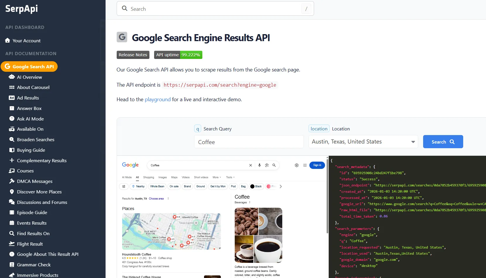 SerpApi's Google Search API documentation page showing the API endpoint and an interactive search playground