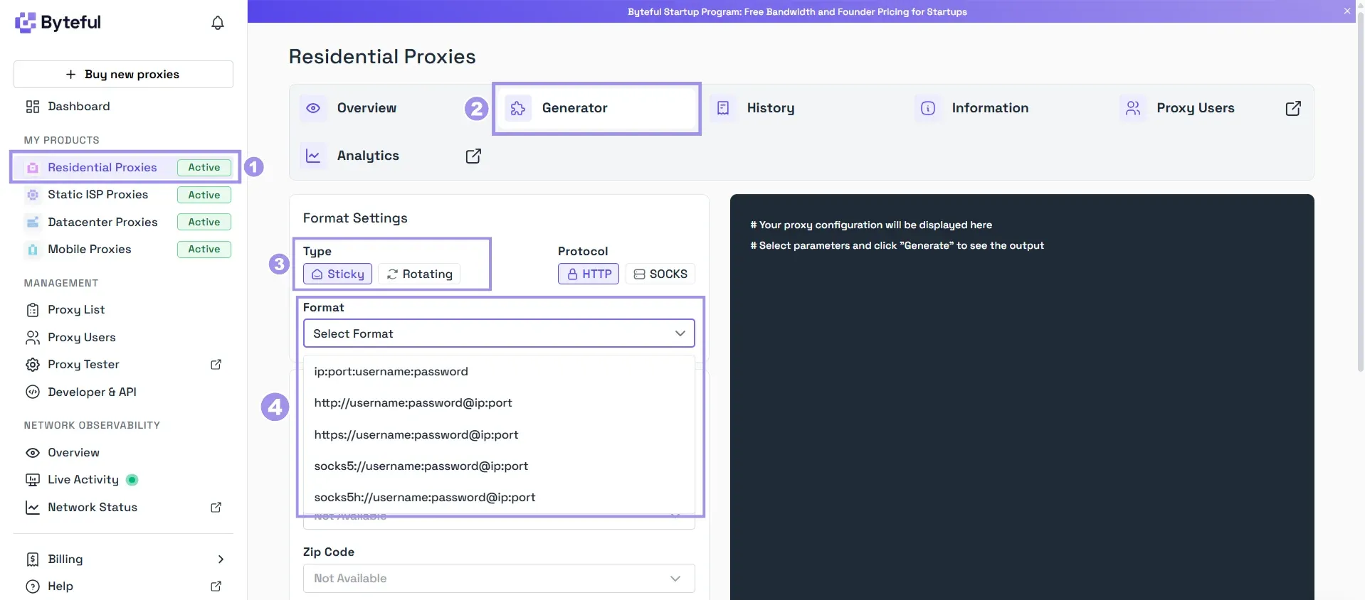 Byteful residential proxies page