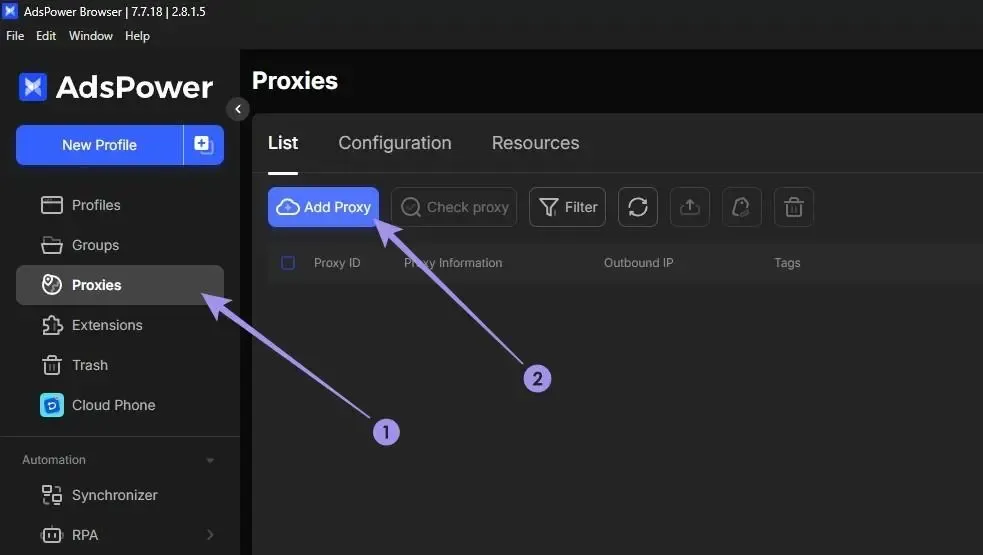 Click on Add Proxy button on AdsPower.webp