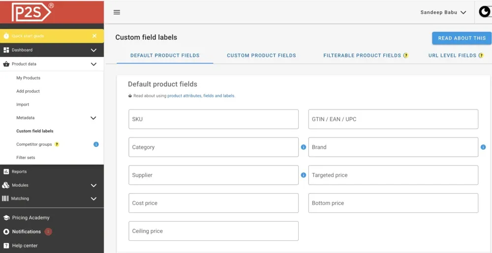 Price2Spy product data settings screen for configuring custom product fields such as SKU, category, and target price
