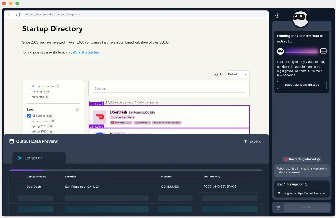 Browse AI extracting company data from a startup directory, with an output data preview table and a robot assistant panel for selecting data to extract