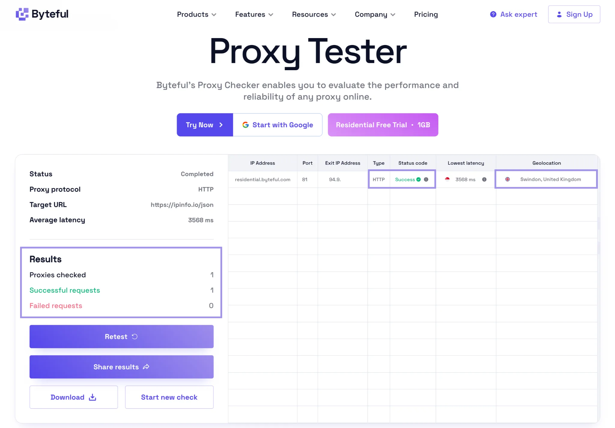 Byteful Proxy Tester confirming a successful UK residential proxy connection